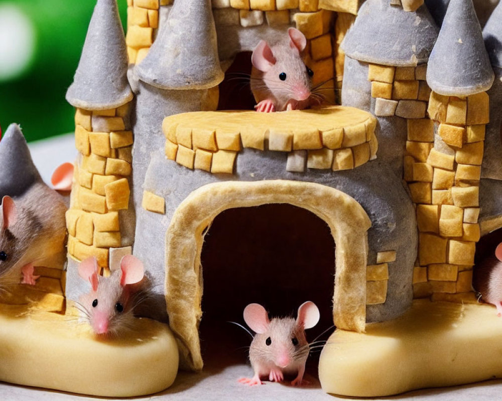 Mice peeking from whimsical castle against green background
