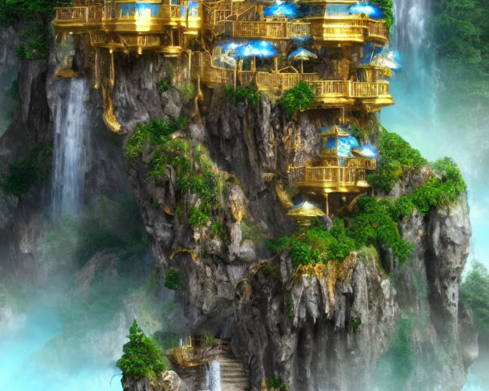 Golden palace on cliff with waterfalls & lake view