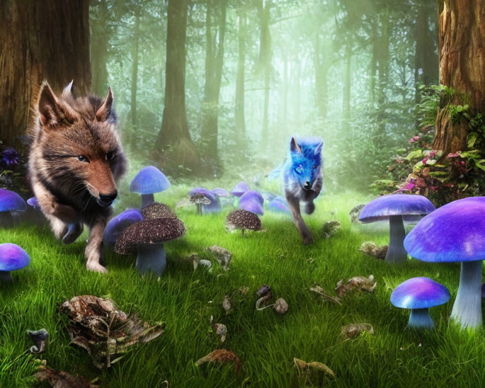 Fantasy wolves in enchanted forest with vibrant mushrooms