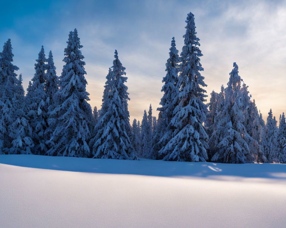 Snow-covered evergreens under blue sky with soft clouds at dawn or dusk