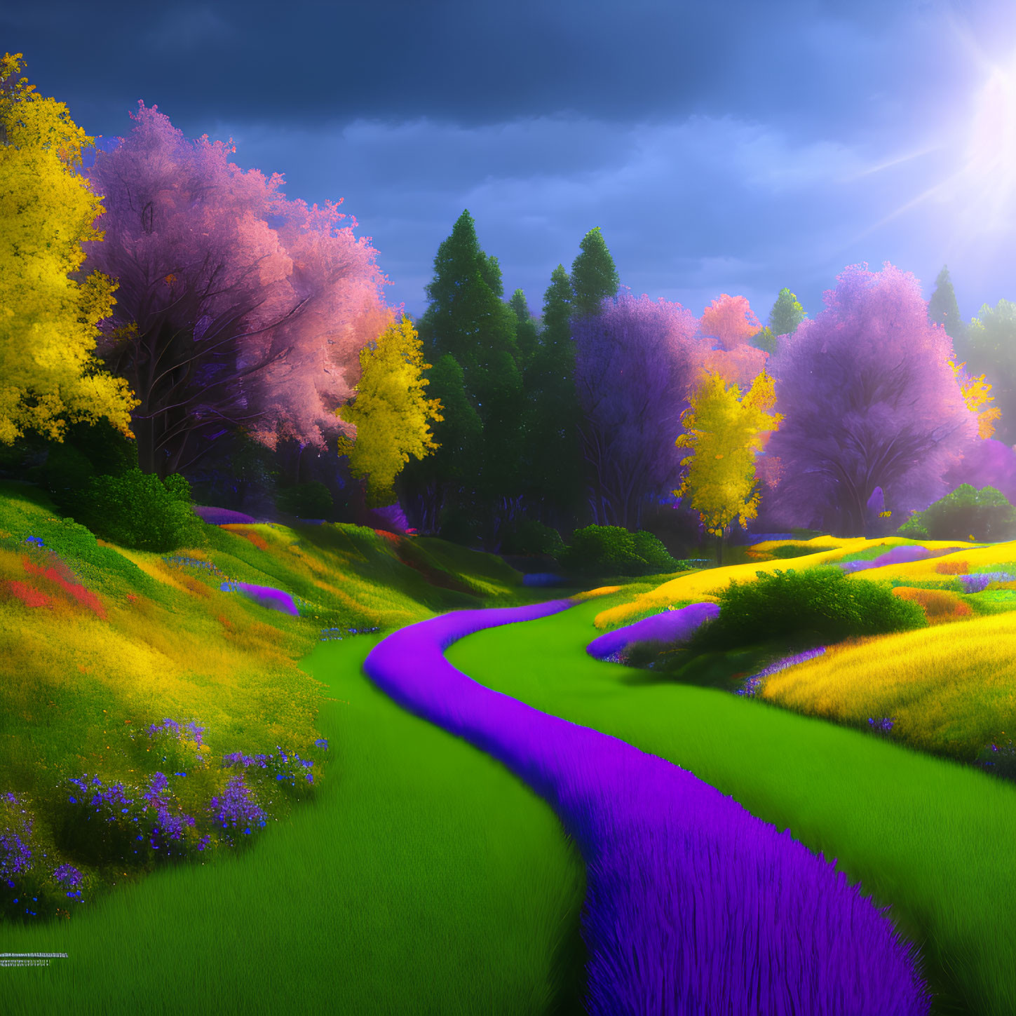 Colorful landscape with winding path, pink trees, and vibrant flowers under a bright sun and dramatic sky