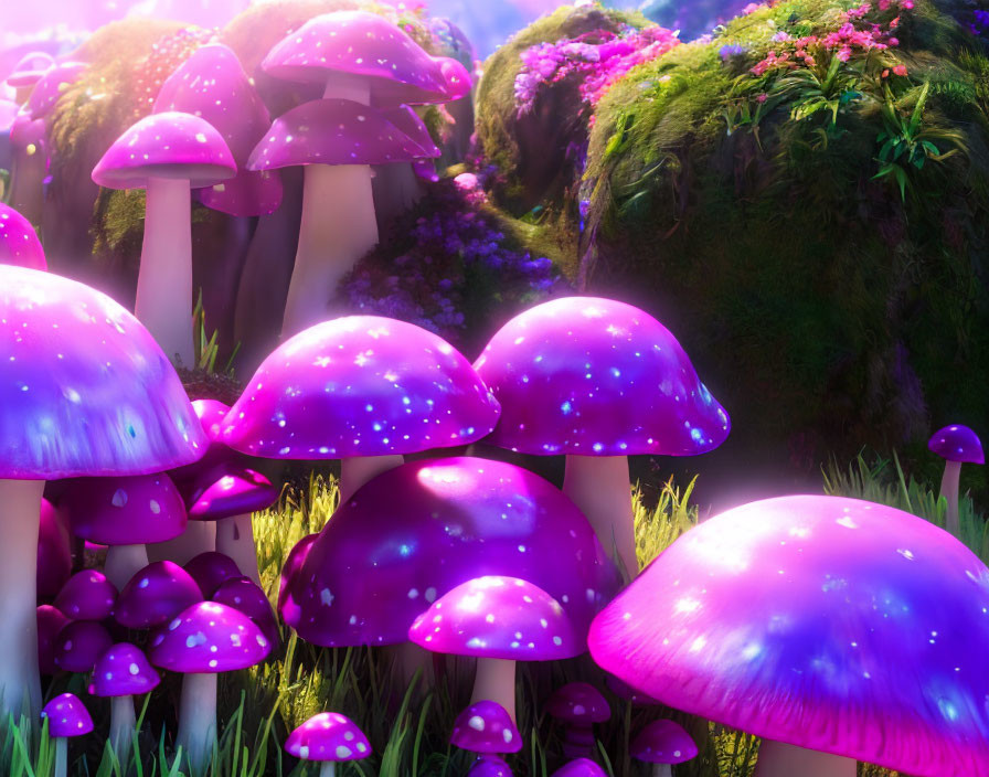 Fantasy-inspired illustration: Luminescent purple mushrooms in lush forest