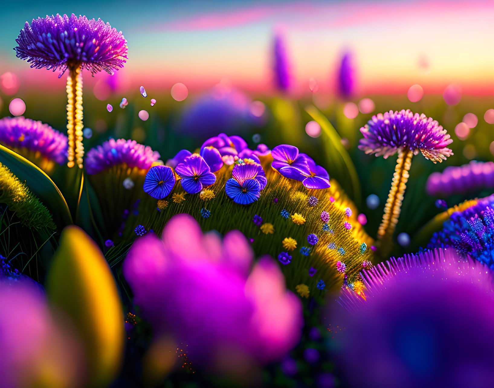 Colorful purple and blue flowers in soft-focus sunrise or sunset setting