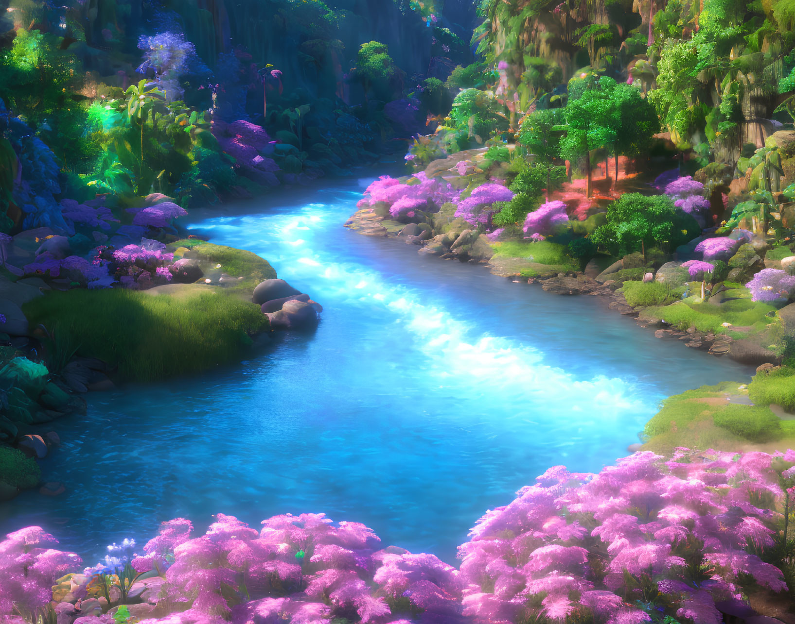 Vibrant river in magical forest with pink and purple foliage