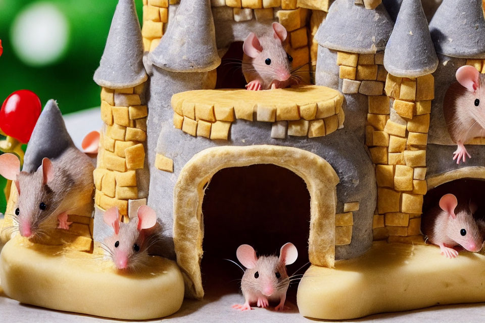 Mice peeking from whimsical castle against green background