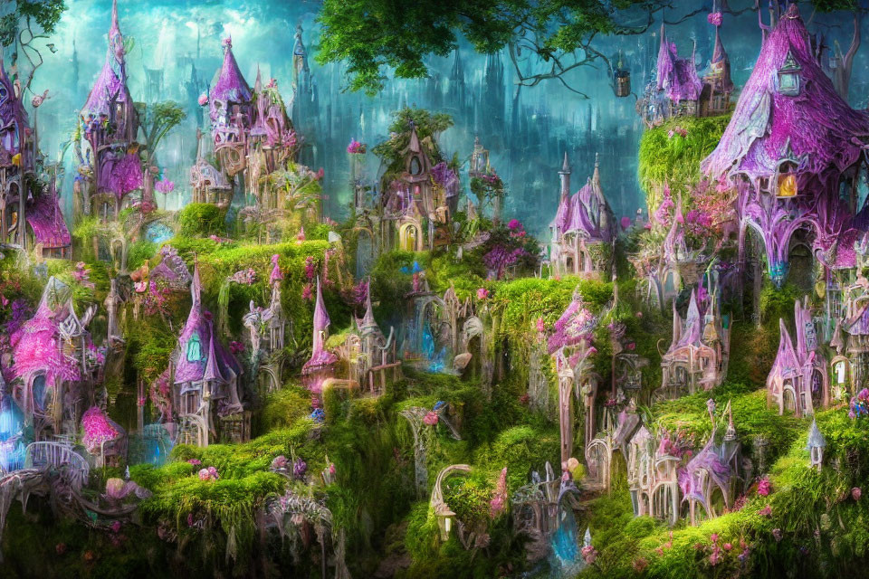 Whimsical pink and purple castles in lush, mystical landscape