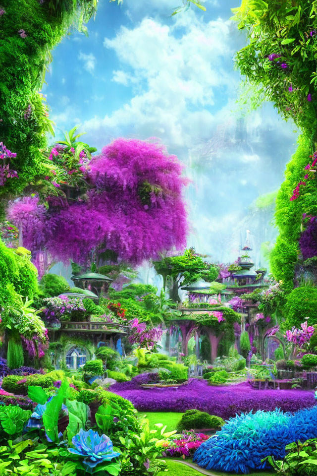 Lush Fantasy Garden with Ornate Structures and Misty Skies