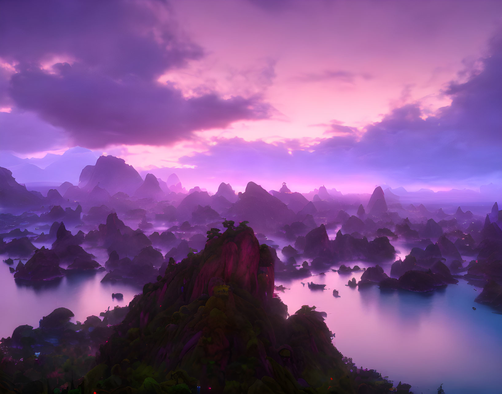 Mystical landscape with jagged peaks, serene lake, lush greenery, vibrant purple sky