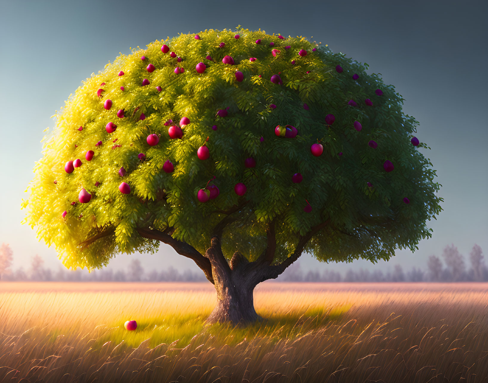 Vibrant tree with green foliage and red fruits in golden field under warm sunlight