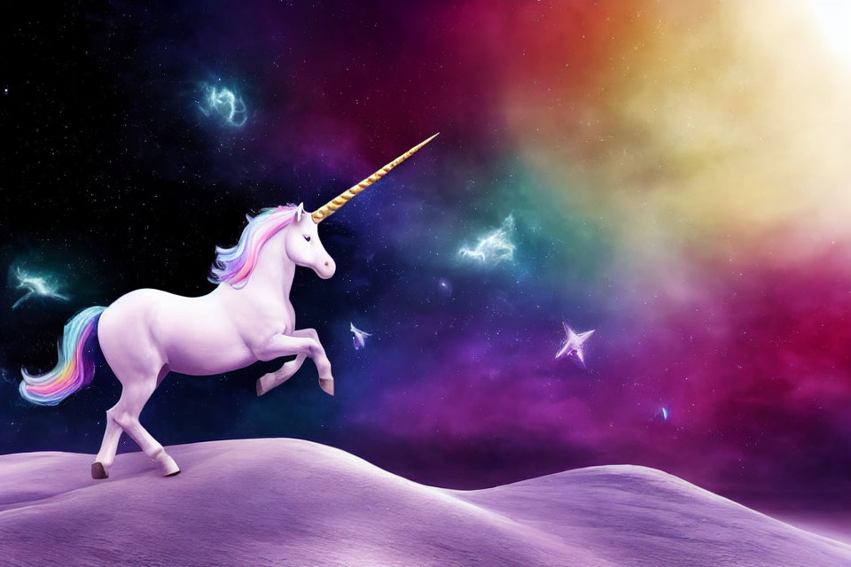Majestic unicorn with rainbow mane in cosmic landscape