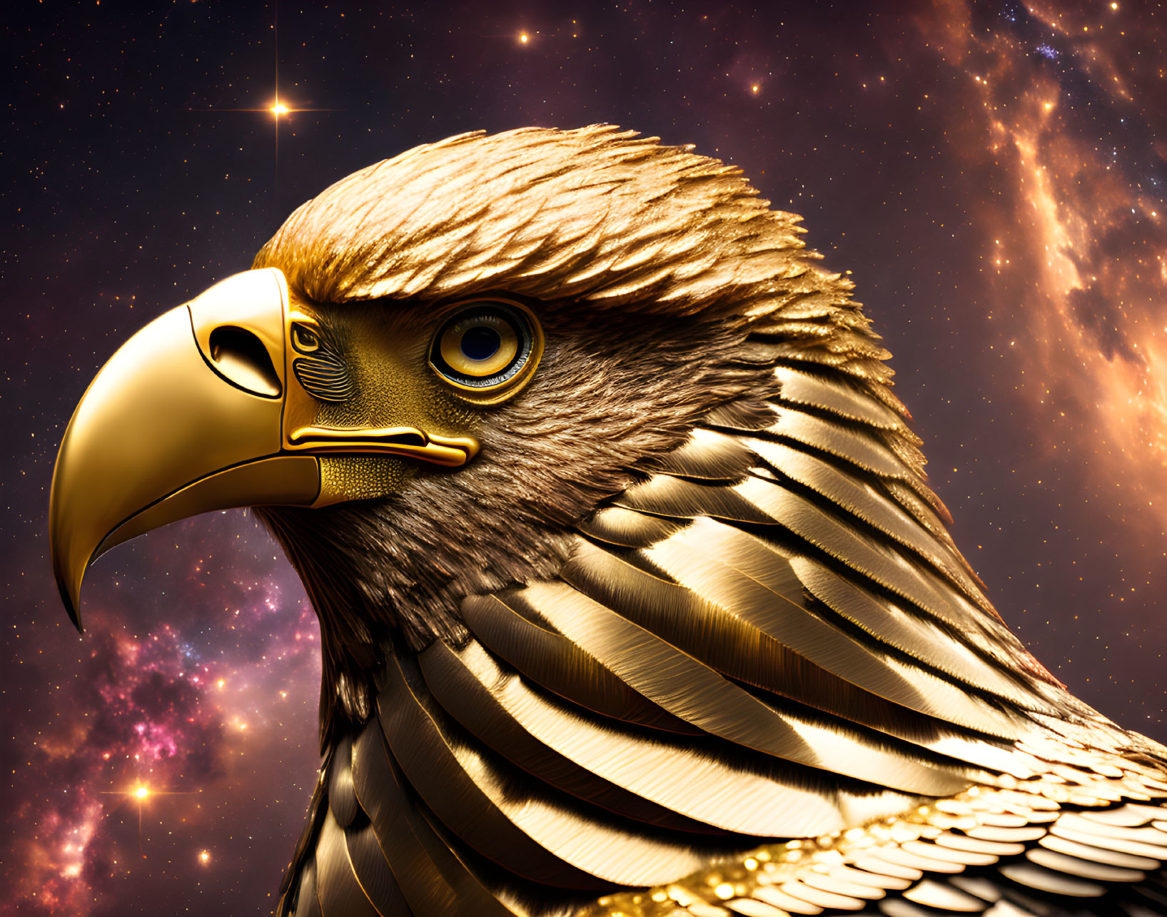 Detailed Golden Eagle Head on Starry Cosmic Background