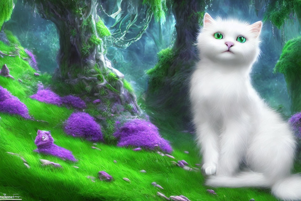 Fluffy white cat with green eyes in magical purple forest