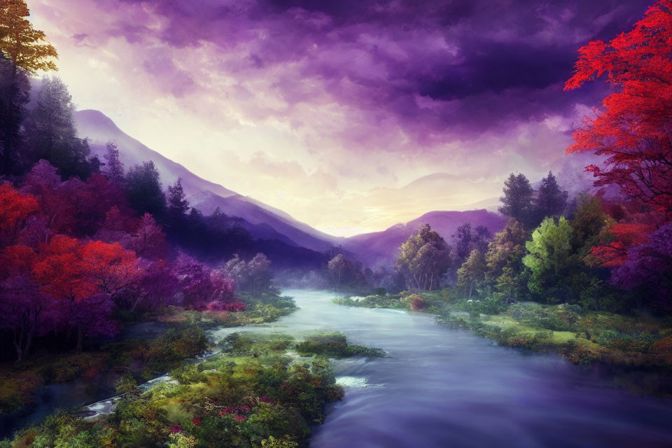 Colorful Autumn Landscape with River and Purple Clouds