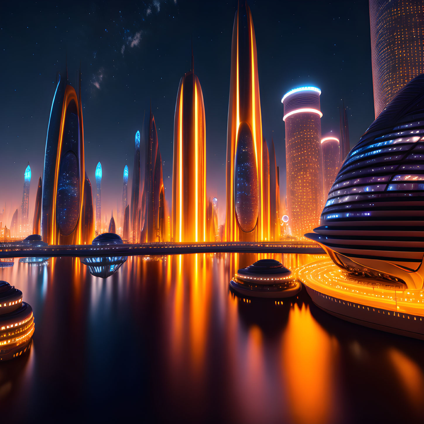Futuristic cityscape at dusk with sleek skyscrapers and glowing roads