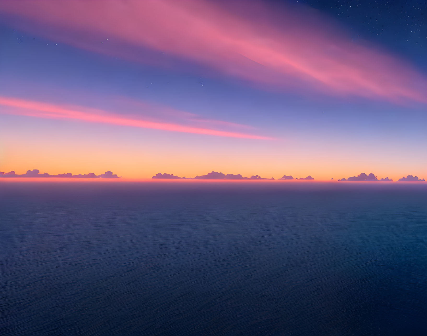 Ocean at Twilight with Scattered Clouds and Stars