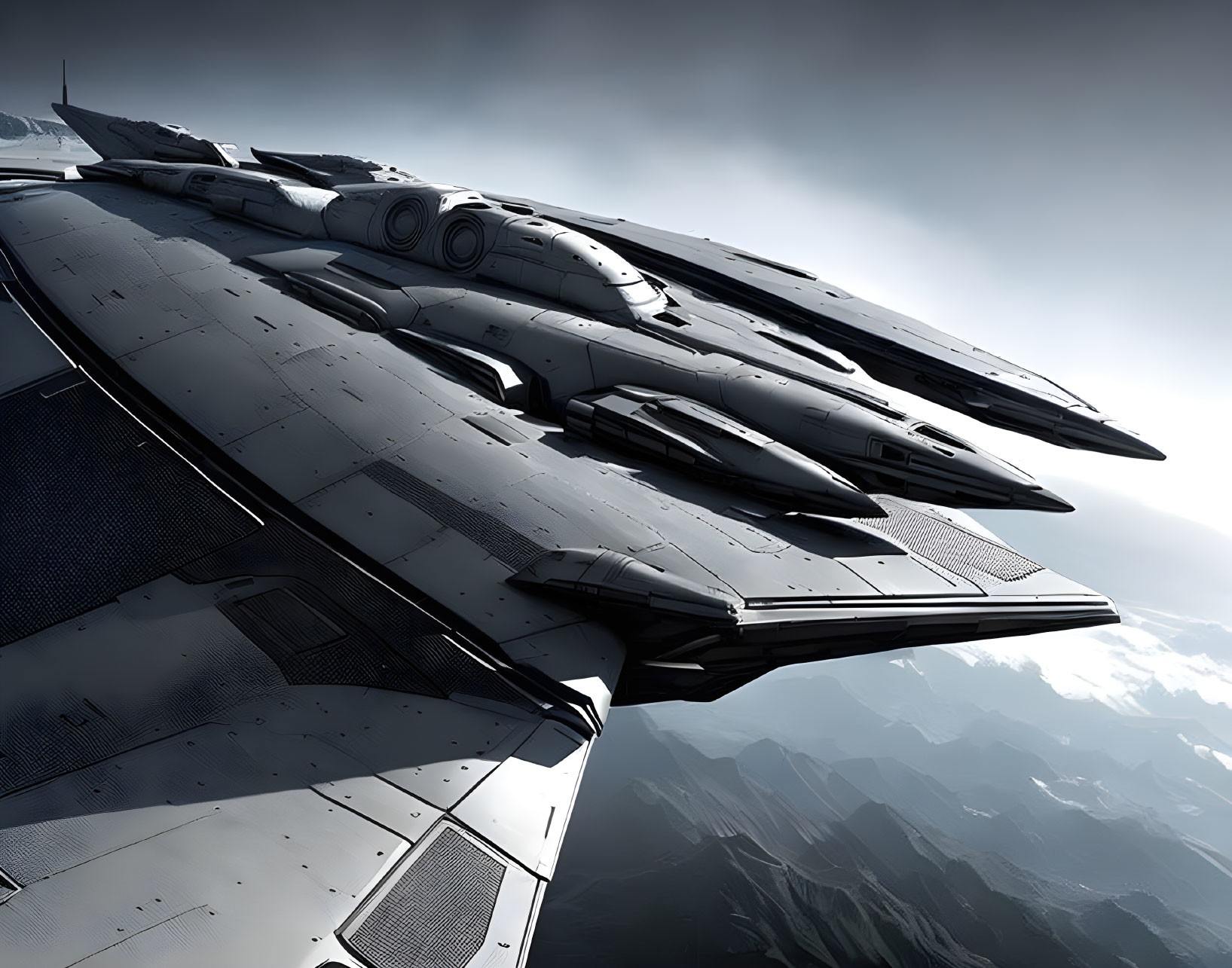 Detailed Futuristic Spacecraft Flying Over Mountainous Landscape