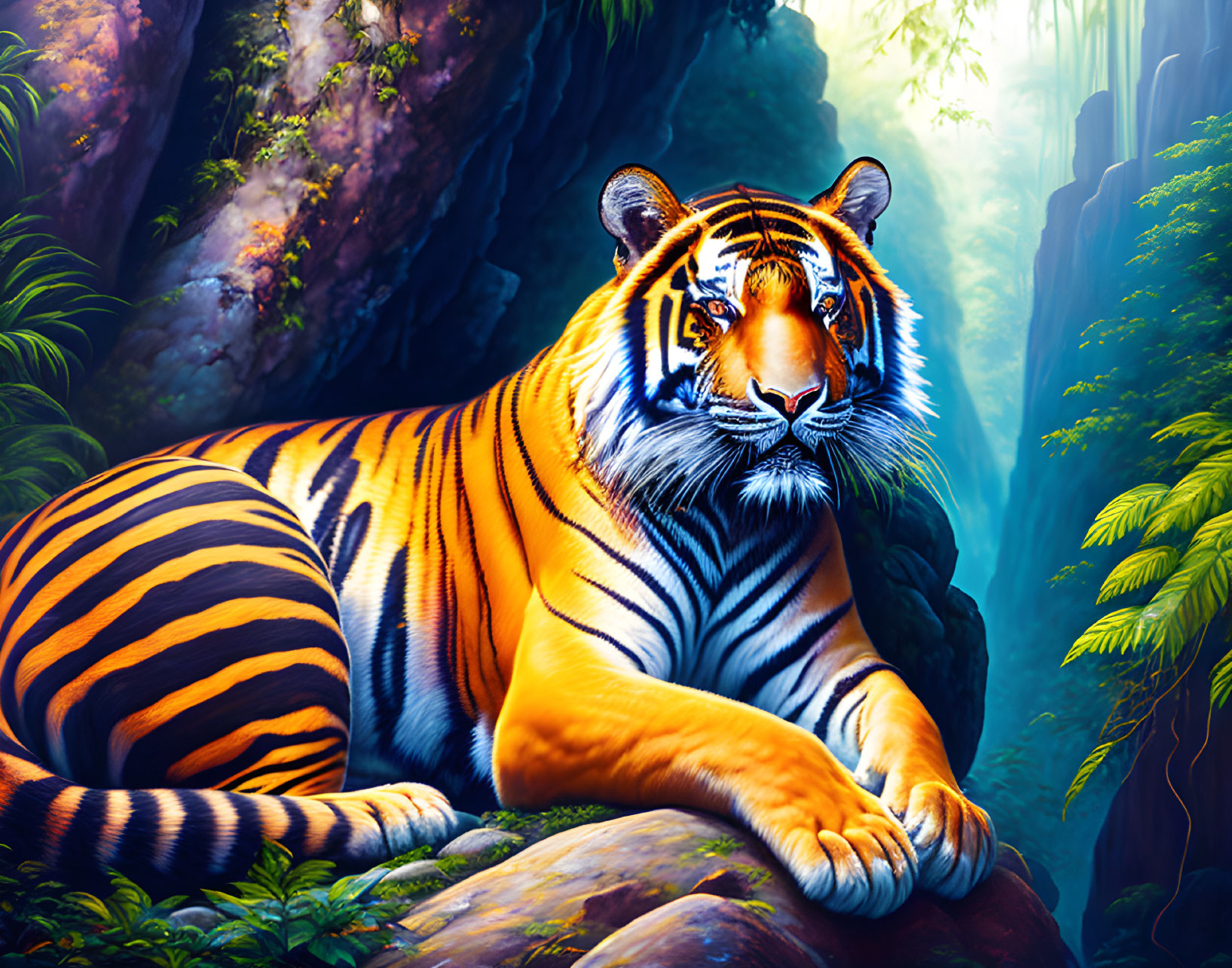Colorful digital artwork: Tiger resting in jungle with sunlight filtering through foliage