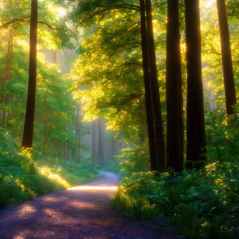 Golden sunlight illuminates lush green forest path