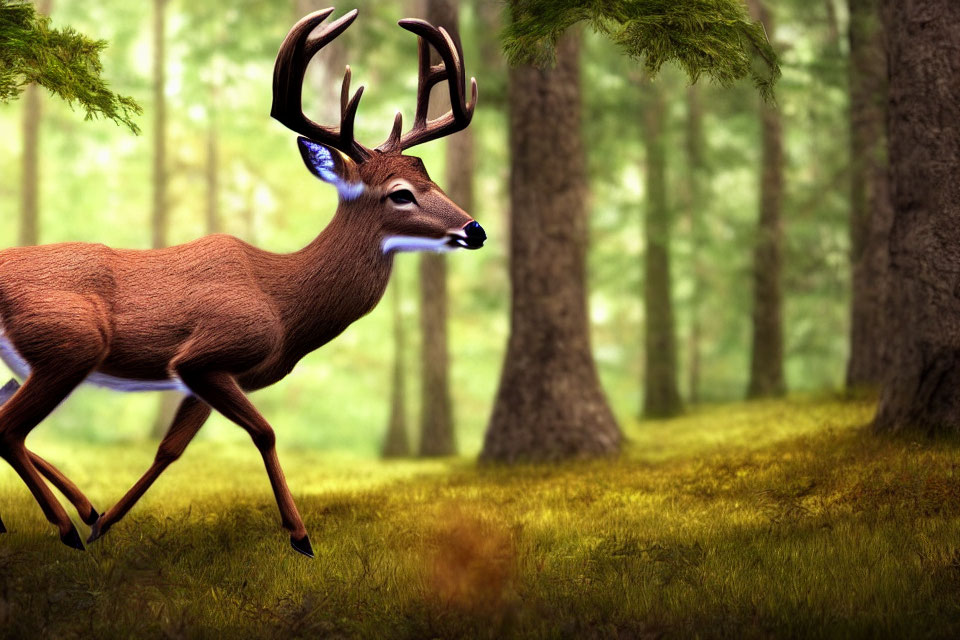 Majestic deer with prominent antlers in serene forest landscape