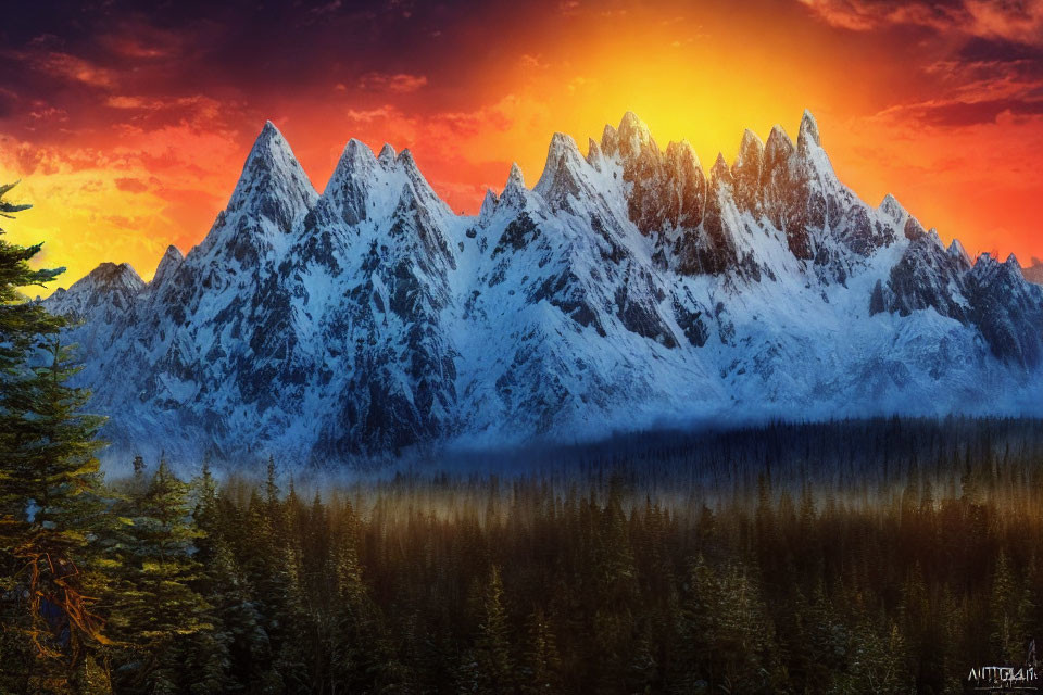 Snow-covered mountain range at sunset over dark forest