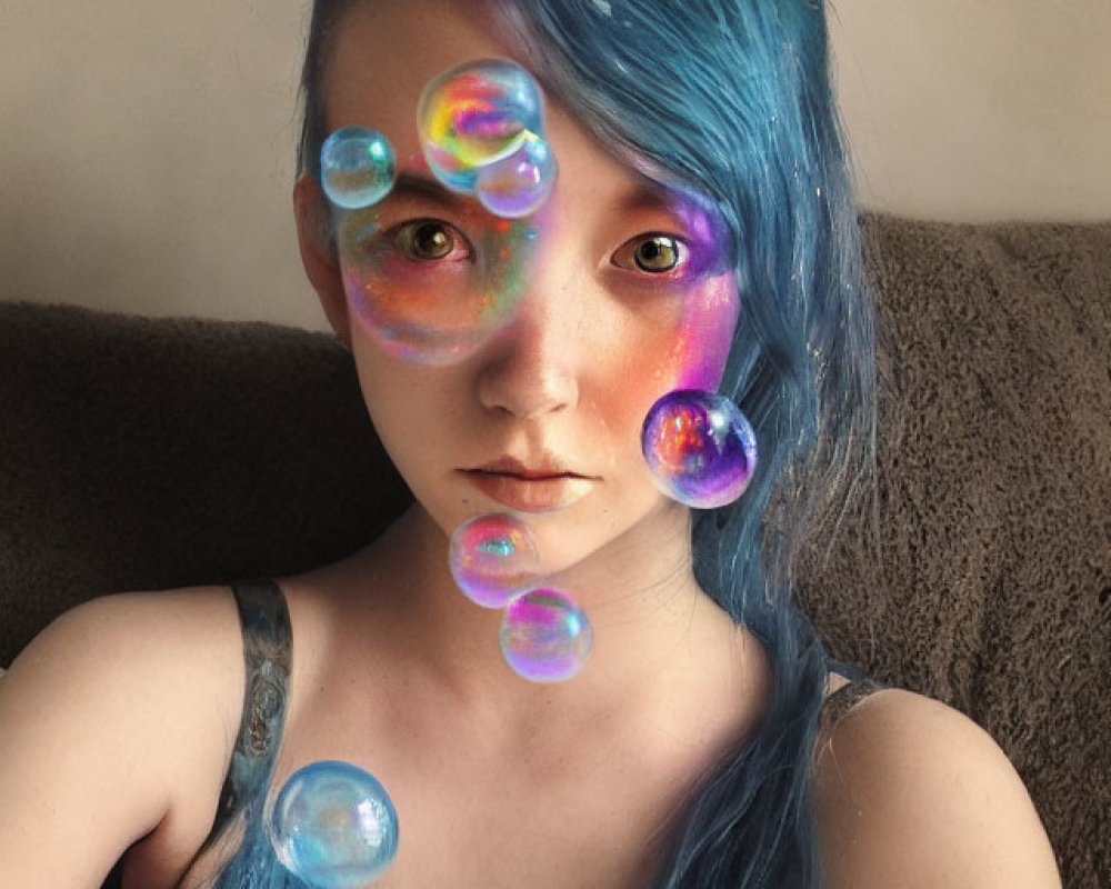Blue-haired person surrounded by colorful bubbles for a whimsical look