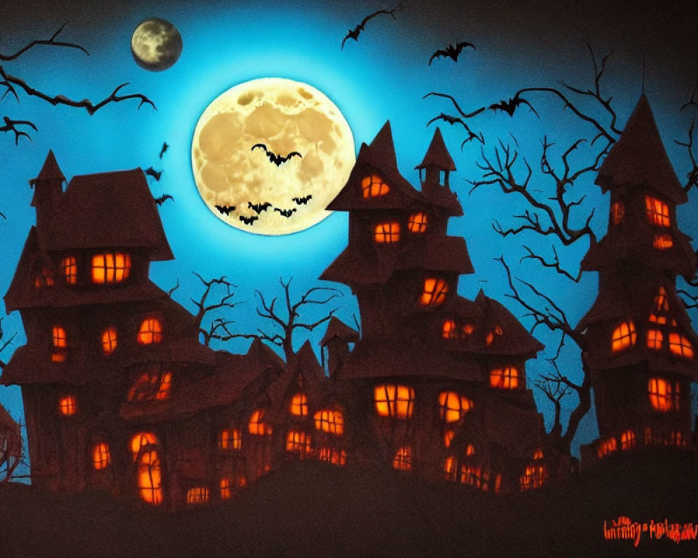 Spooky haunted house silhouette on a full moon night with flying bats