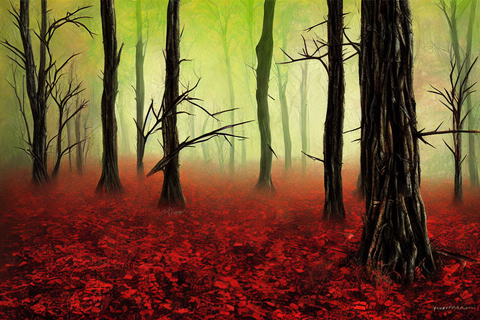 Enchanting forest with crimson leaves, black trees, and green fog
