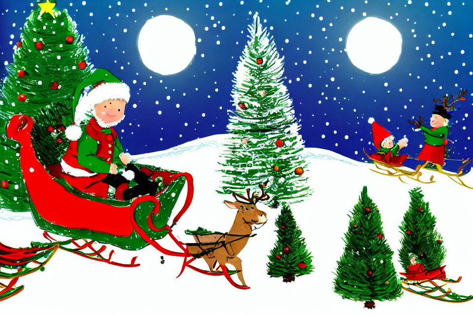 Festive Christmas illustration with Santa, reindeer, elves, and snowy night sky