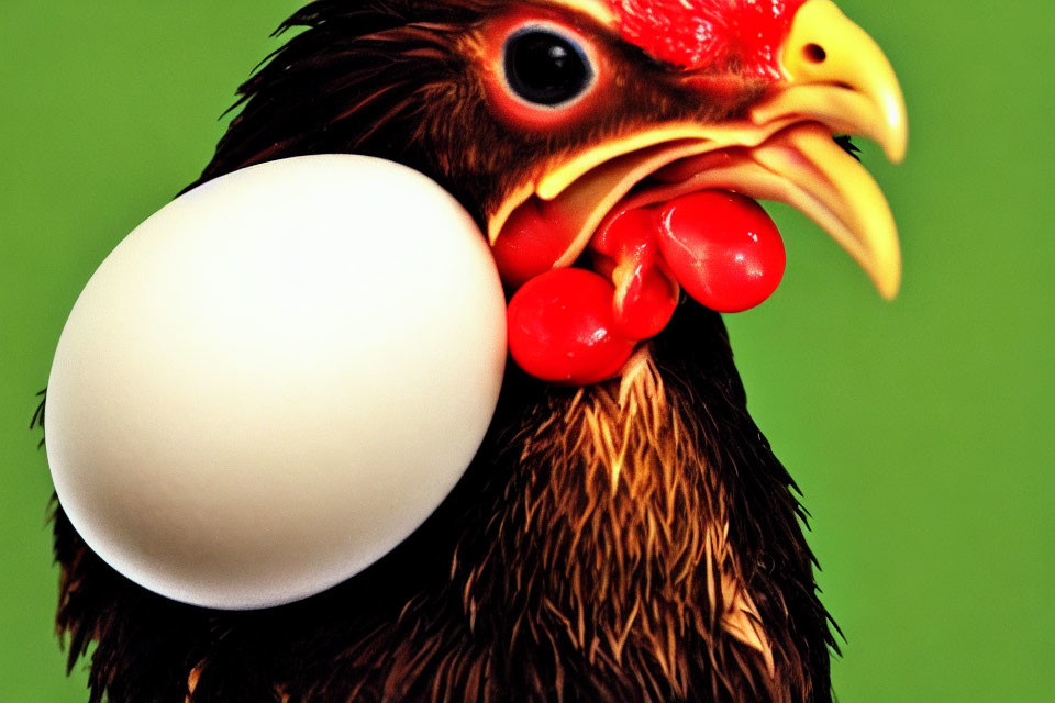 Hen balancing white egg on beak against green background
