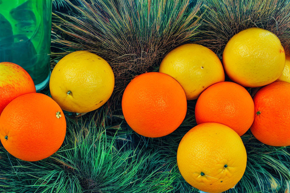 Citrus fruits on pine needles with green bottle in background