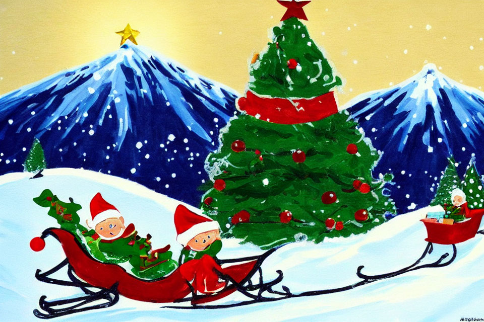 Vibrant snowy landscape with elves in sleigh near Christmas tree