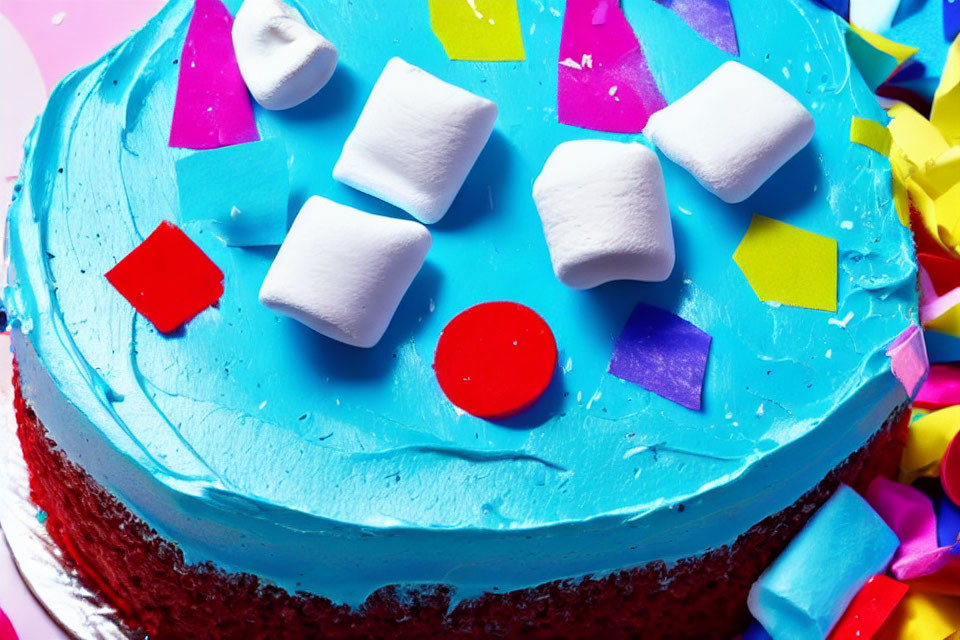 Colorful Red Velvet Cake with Blue Frosting and Marshmallows on Pink Background