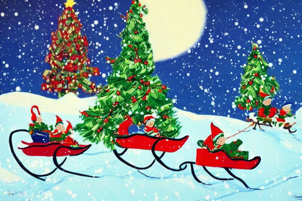 Whimsical painting of Santa's elves on red sleighs in snowy scene