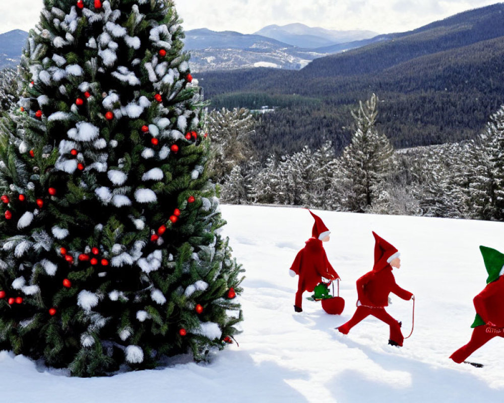 Three elves with gifts near Christmas tree in snowy landscape