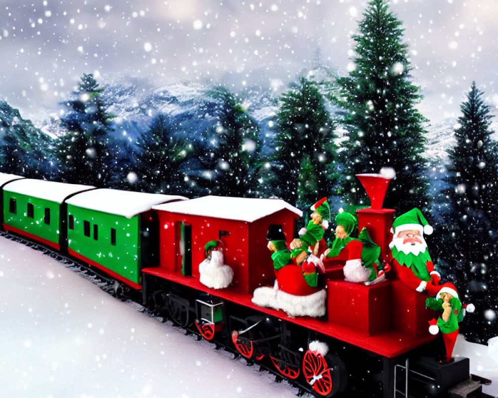 Red and Green Holiday Train with Santa and Elf in Snowy Mountain Scene