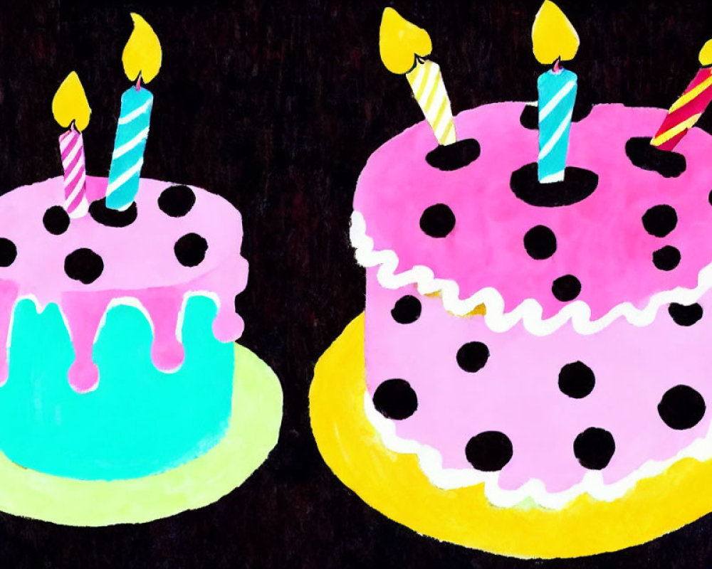 Colorful Birthday Cakes with Lit Candles on Dark Background
