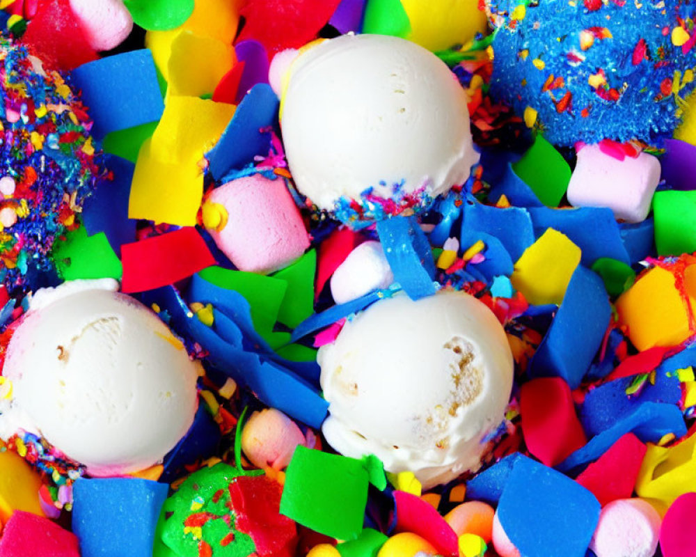 Vibrant confetti background with colorful ice cream scoops