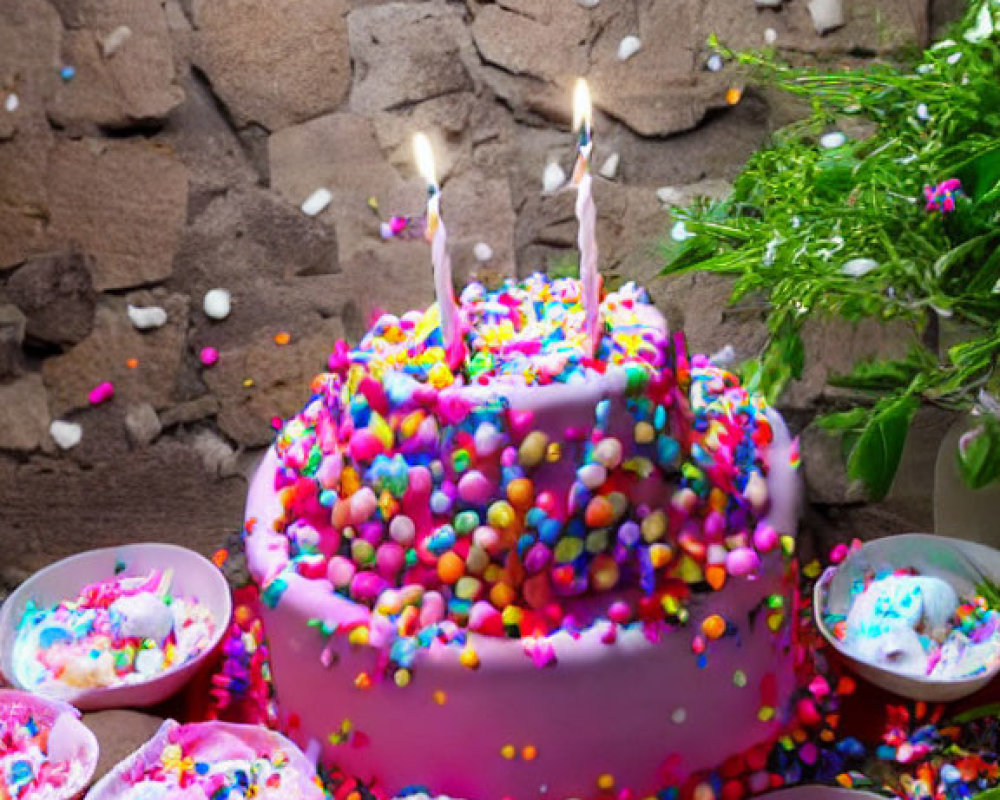 Vibrant birthday cake with lit candles and candy bowls on stone backdrop