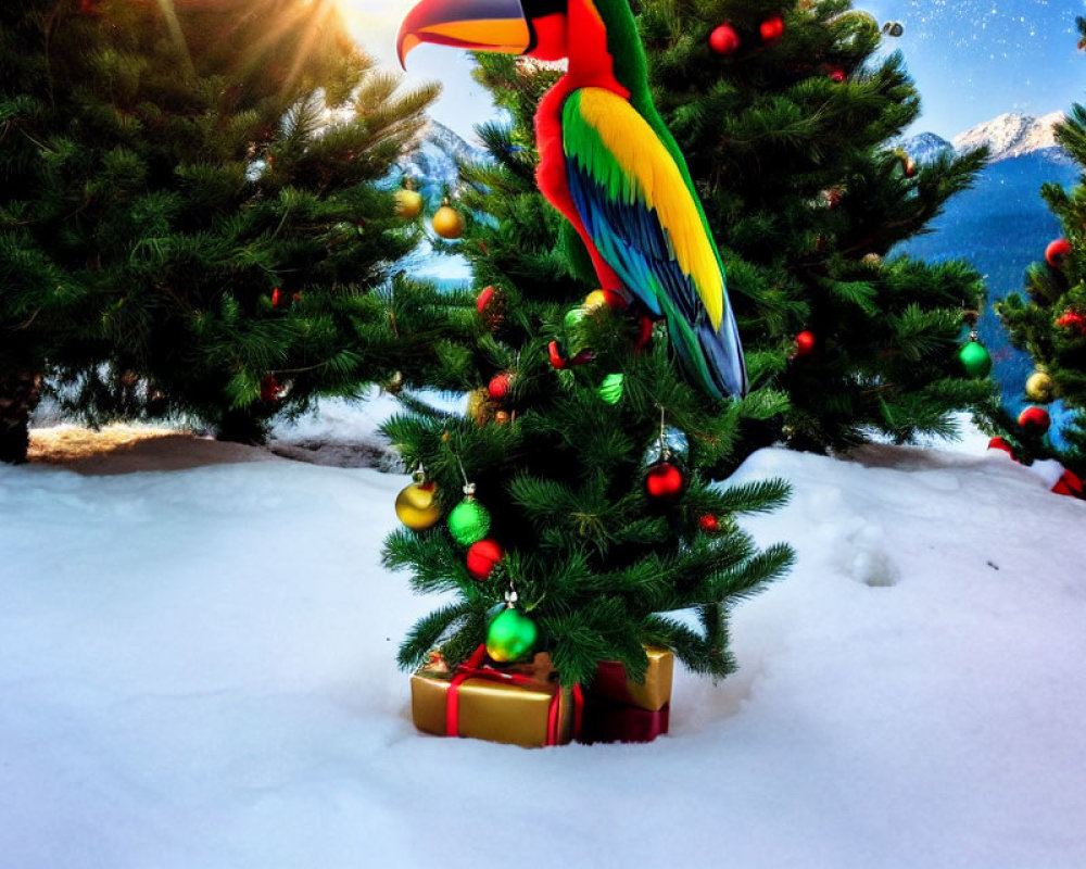 Colorful toucan on decorated Christmas tree with snowy mountains landscape