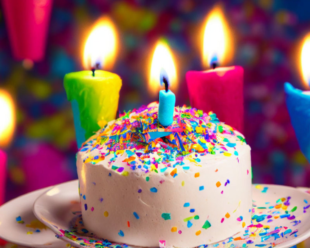 Colorful Birthday Cake with Sprinkles and Candles on Bokeh Background