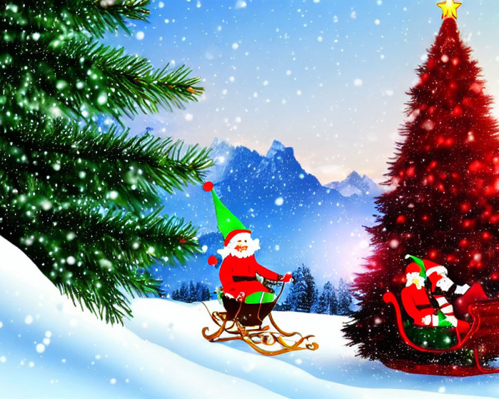 Whimsical Christmas scene with Santa sledding down snowy hill