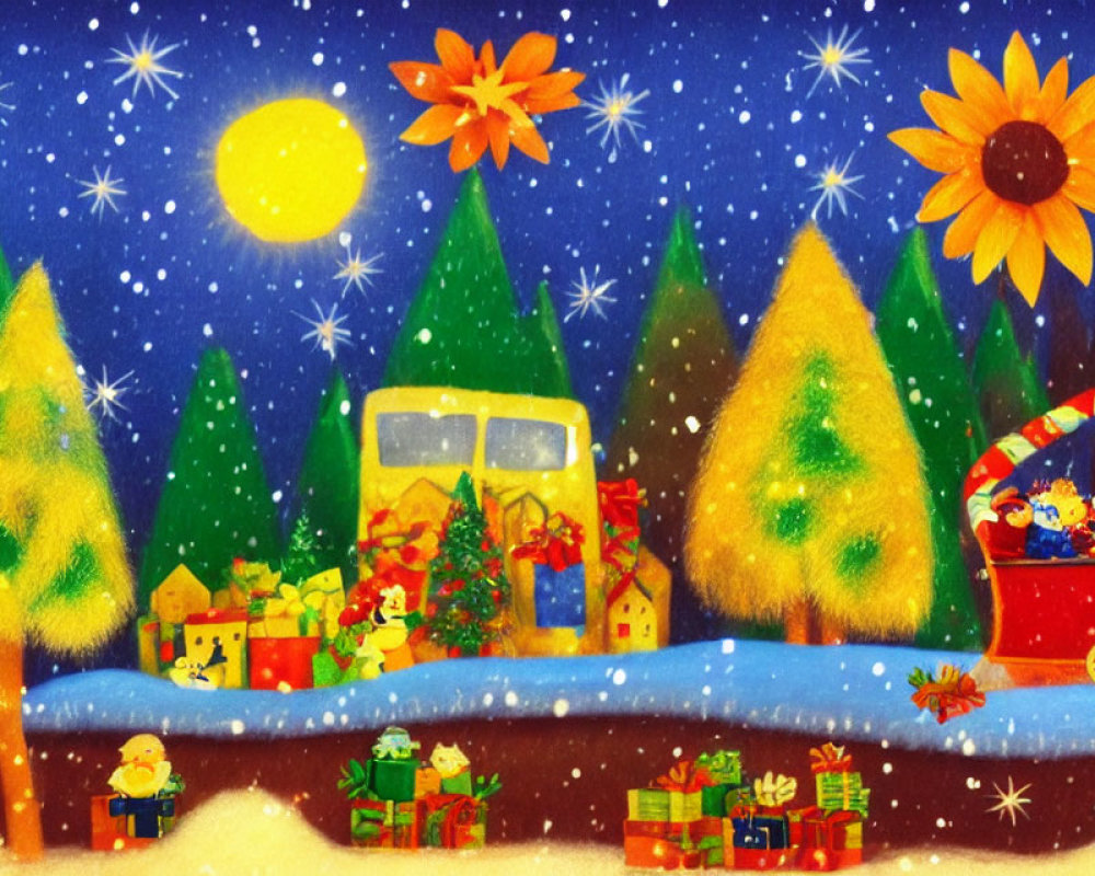Snow-covered Christmas scene with gifts, sleigh, and falling snowflakes