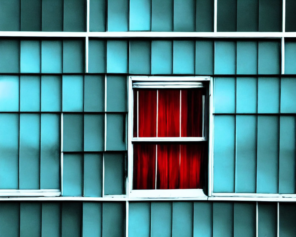 Geometric blue building facade with red curtain window contrast