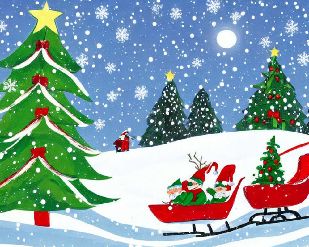 Festive Cartoon Featuring Santa Claus, Sleigh, and Christmas Tree