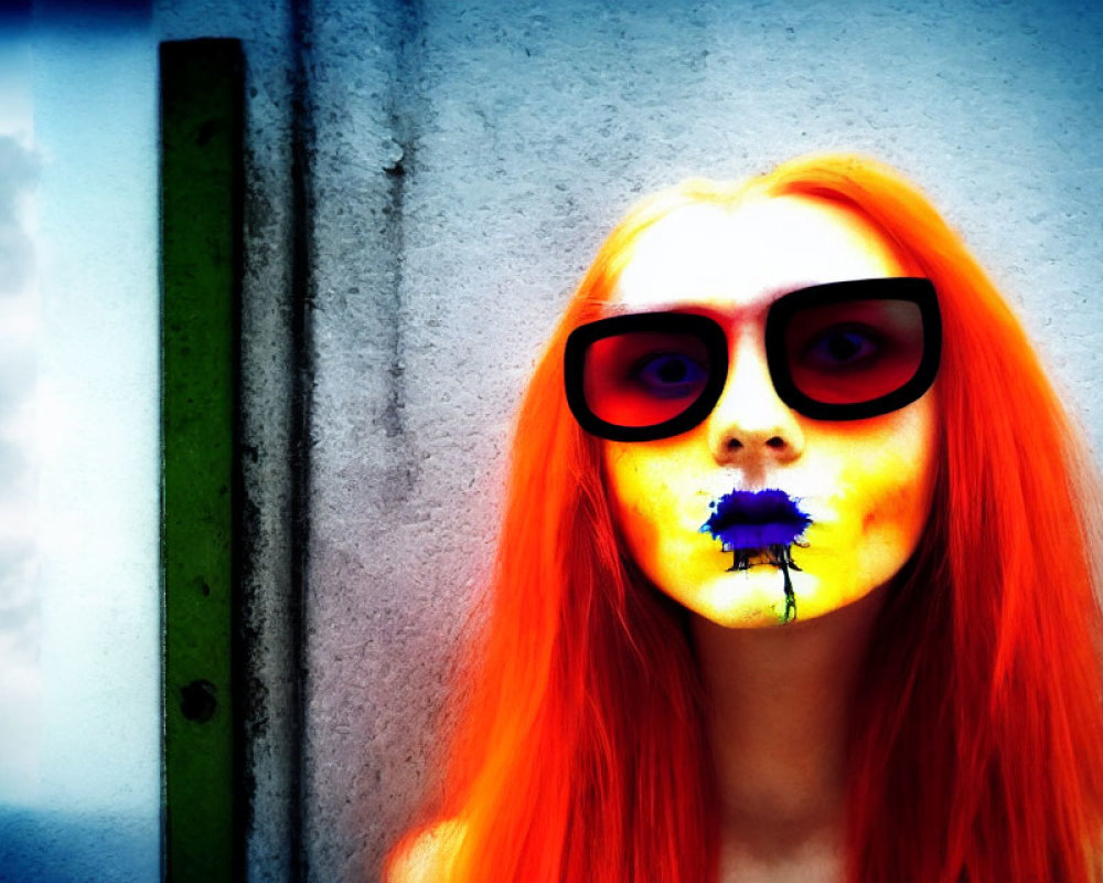 Vibrant Orange Hair Woman with Black Sunglasses on Blue and White Background