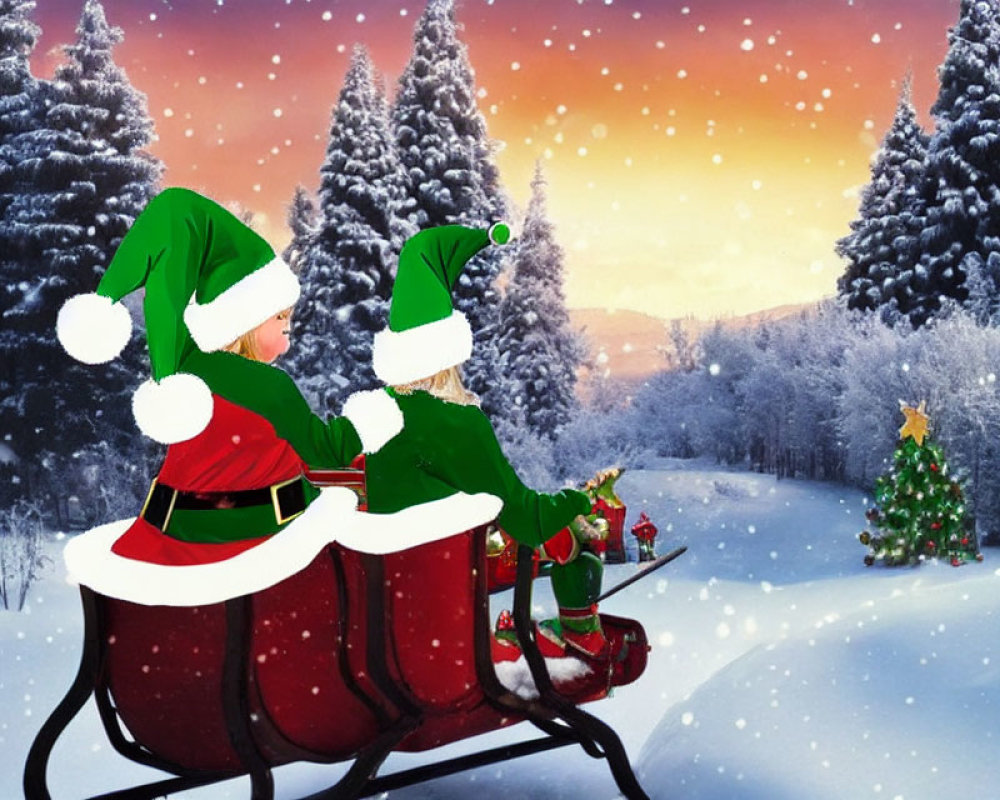 Festive snowy landscape with two elves in a sleigh