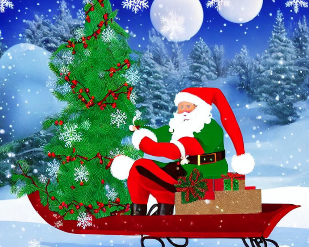 Santa Claus in sled with presents by Christmas tree under snowy night sky