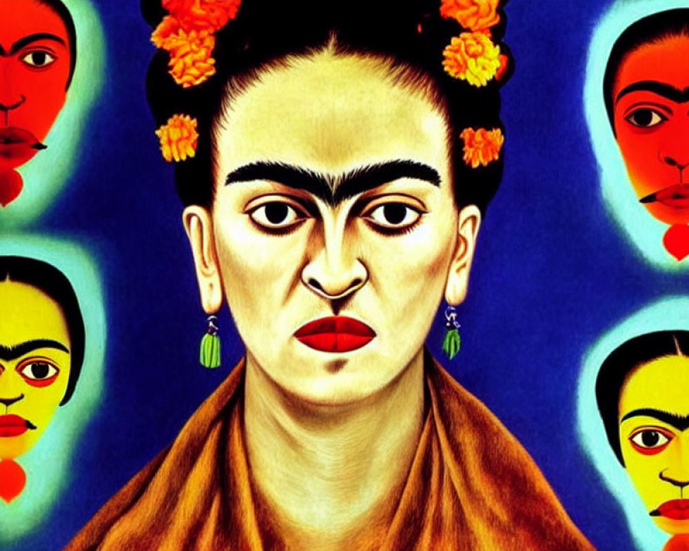 Colorful self-portrait of woman with unibrow and floral hair, surrounded by identical faces on