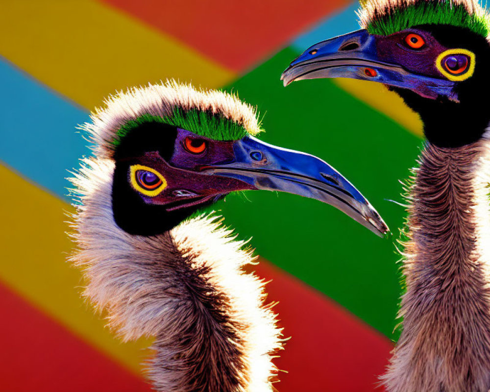 Emus with blue and yellow feathers on vibrant striped backdrop