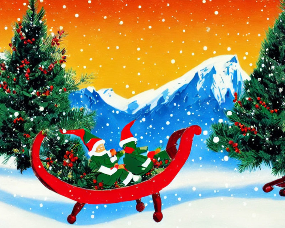 Vibrant Christmas elves on red sleigh in snowy mountain scene
